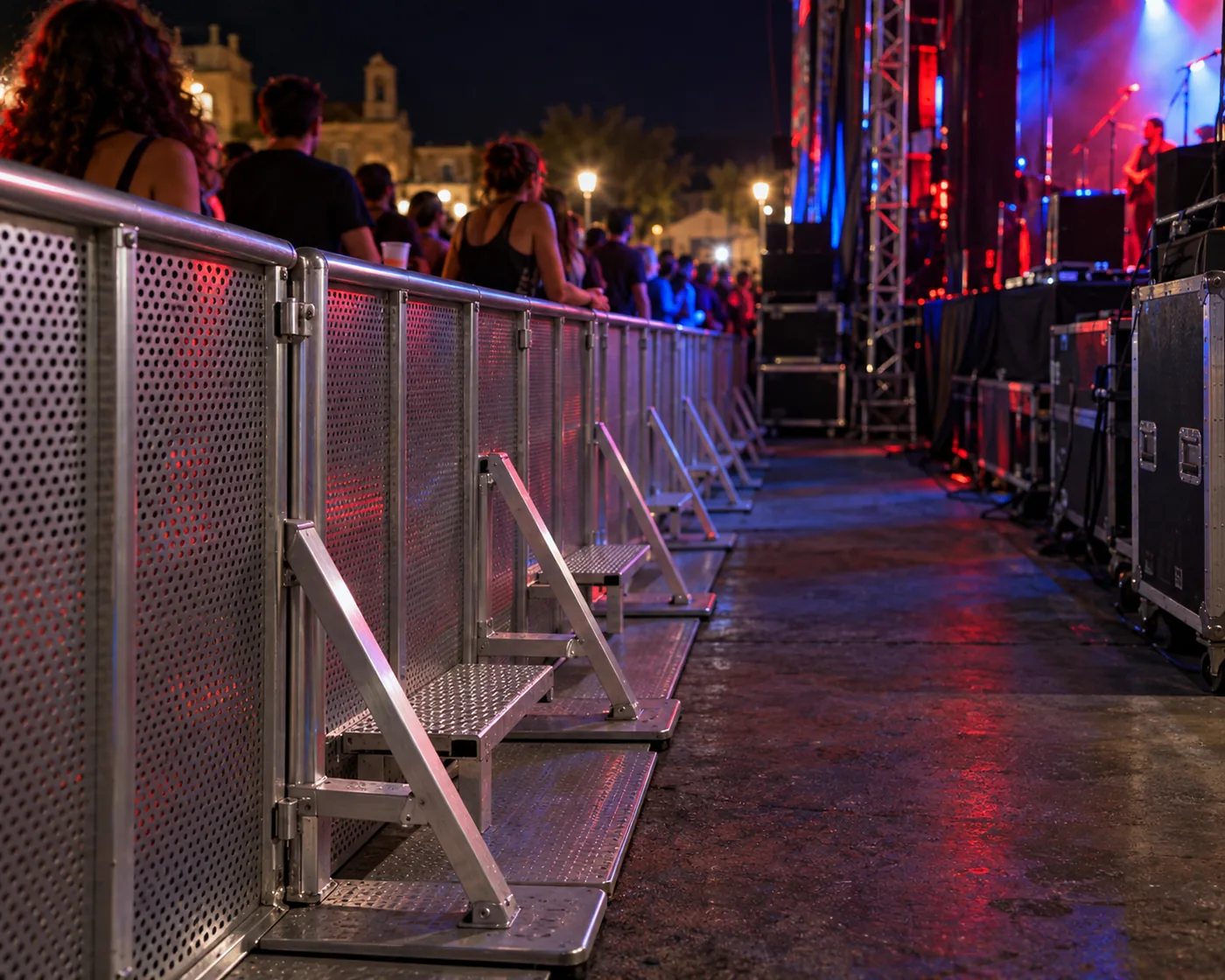 Fila de vallas antiavalanchas de aluminio frente a un escenario de concierto, con el pasillo técnico
